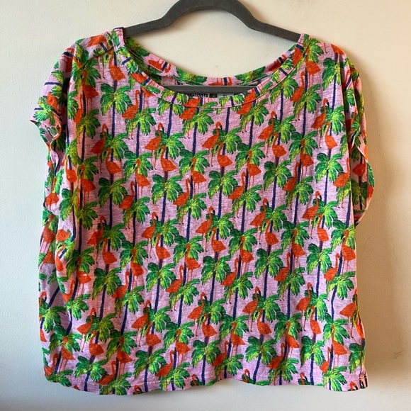 Bouffants & Broken Hearts 100 % Linen Tropical Palm Print Women's Top Large - Picture 1 of 6